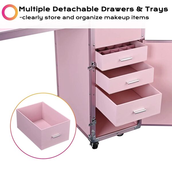 Nail Desk Mobile Station Rolling Makeup Train Case Trolley Cosmetic Manicure Table Mirror 4 Drawers Pink - Image 5