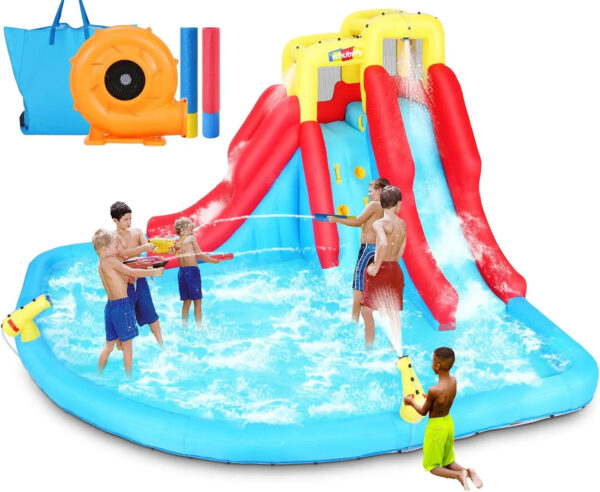 Inflatable Water Slides for Kids 8-in-1 Bounce House Water Park with 450W Blower Climbing Wall, Splash Pool, 2 Water Cannons, Basketball Hoop, Water Slide, Crocodile Sprinkler for Gift Backyard Party - Image 4
