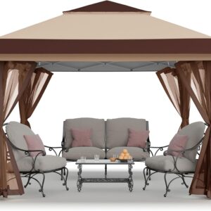 13x13 Pop Up Gazebo, Canopy Tent, Gazebos on Clearance - Outdoor Gazebo for Backyard & Patio Furniture - Carpa Pop Up Tent with Wheeled STO-N-Go Cover Bag (Beige & Coffee)