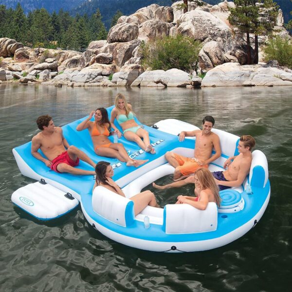 56299EP 145 x 125 x 20 Inch Splash N Chill Inflatable Lake and Pool Relaxation Island Lounger Seat for up to 7 Adults, Blue and White - Image 7
