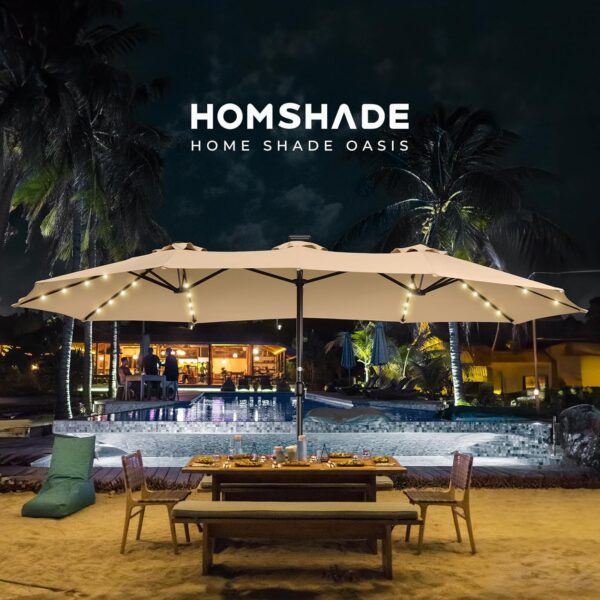 Double Sided Patio Umbrellas - 15ft Solar Lights LED Lighted Outdoor Extra Large Market Table Umbrella with Base Included, Oversized Umbrella for Deck, Pool, Backyard (Beige) - Image 89