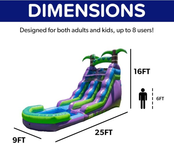 16’ Purple Tropical Lightweight Premium Commercial Grade Water Slide Inflatable with Attached Pool for Kids and Adults (with Blower), Wet Dry Use, Summer Fun - Image 3