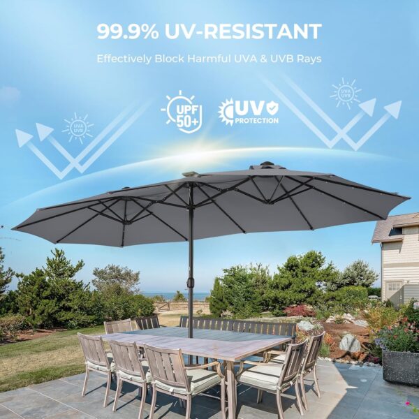Double Sided Patio Umbrellas - 15ft Solar Lights LED Lighted Outdoor Extra Large Market Table Umbrella with Base Included, Oversized Umbrella for Deck, Pool, Backyard (Beige) - Image 76