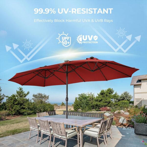 Double Sided Patio Umbrellas - 15ft Solar Lights LED Lighted Outdoor Extra Large Market Table Umbrella with Base Included, Oversized Umbrella for Deck, Pool, Backyard (Beige) - Image 38