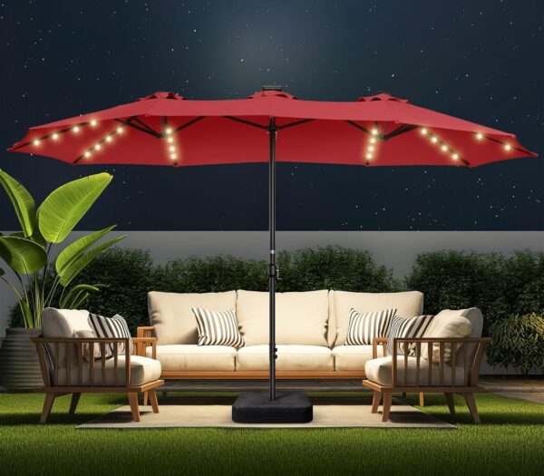 Double Sided Patio Umbrellas - 15ft Solar Lights LED Lighted Outdoor Extra Large Market Table Umbrella with Base Included, Oversized Umbrella for Deck, Pool, Backyard (Beige) - Image 105