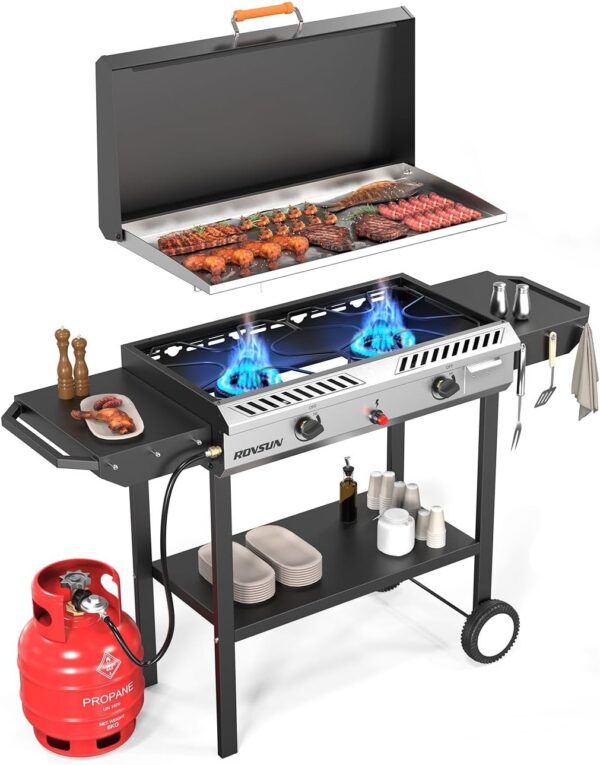 2 Burner Outdoor Propane Gas Stove with Griddle, Auto-ignition, Regulator & Side Shelves, 150,000 BTU Powerful Stand Cooker for Backyard Cooking Home Brewing Canning Frying Grilling - Image 2