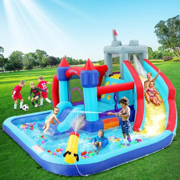 Inflatable Water Slides for Kids 8-in-1 Bounce House Water Park with 450W Blower Climbing Wall, Splash Pool, 2 Water Cannons, Basketball Hoop, Water Slide, Crocodile Sprinkler for Gift Backyard Party - Image 3