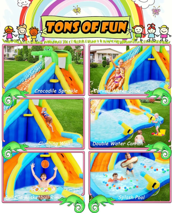 Inflatable Water Slides for Kids 8-in-1 Bounce House Water Park with 450W Blower Climbing Wall, Splash Pool, 2 Water Cannons, Basketball Hoop, Water Slide, Crocodile Sprinkler for Gift Backyard Party - Image 13