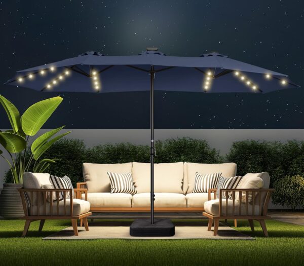 Double Sided Patio Umbrellas - 15ft Solar Lights LED Lighted Outdoor Extra Large Market Table Umbrella with Base Included, Oversized Umbrella for Deck, Pool, Backyard (Beige) - Image 114