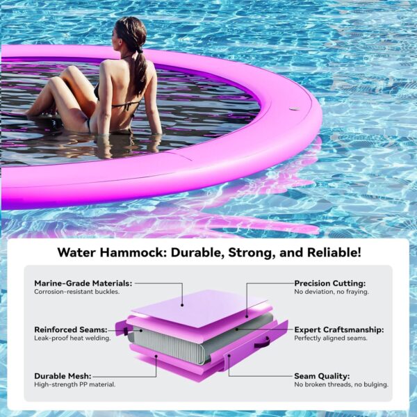 Round Inflatable Floating Dock, Sunchill Float Ring, Hammock Tanning Pool with 4in Woven Fabric, Manual Pump for 1-2 Min Quick Inflate/Deflate, Fits 2-8, Ideal for Lakes, Pools, Oceans - Image 13