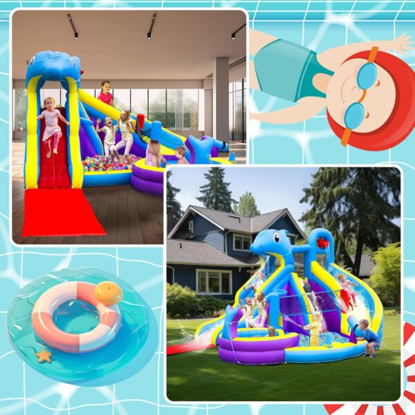 11-in-1 Inflatable Water Slide & Dolphin Bounce House w/2 Long Slides, 19.7 Ft x 13.1 Ft Extra Large Waterslide Climbing Wall w/Small Deeper Pool,Water Cannons,Hoop for Kids Backyard,550W Blower - Image 5