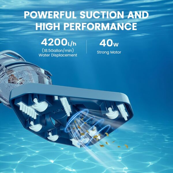 Pool Vacuum for Above Ground Pool with a Telescopic Pole, Running time up to 1H, T403 Handheld Rechargeable Pool Cleaner with Powerful Suction up to 18.5 gallons/min, Ideal for Leaves, Debris - Image 11