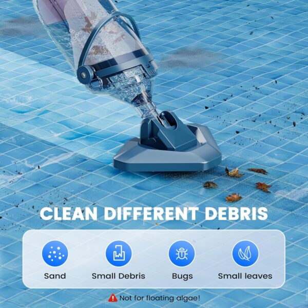 Pool Vacuum for Above Ground Pool with a Telescopic Pole, Running time up to 1H, T403 Handheld Rechargeable Pool Cleaner with Powerful Suction up to 18.5 gallons/min, Ideal for Leaves, Debris - Image 8