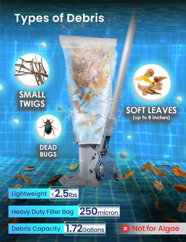 KOKIDO Rechargeable Cordless Pool Leaf Vacuum, 30GPM Strong Suction, 75 min Runtime, XL Heavy Duty Filter Bag, Leaves and Debris Removal, for Above Ground Pool and Inground Pools XV410 - Image 3