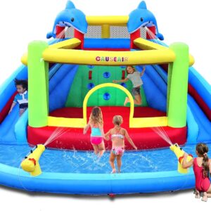 Inflatable Bounce House with Double Slide,Dolphin Styling,Splashing Pool,Double Water Cannon,Climbing Wall,Heavy Duty GFCI Blower,Inflatable Water Park Slide for Kids Backyard Summer