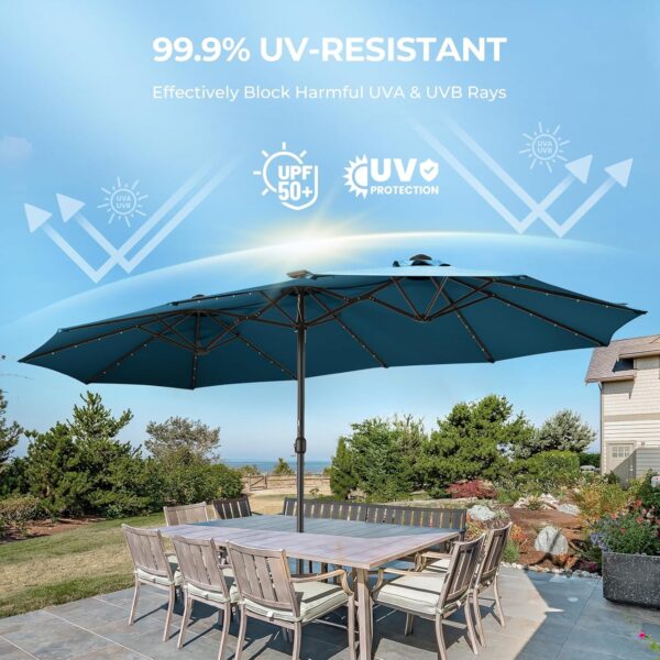 Double Sided Patio Umbrellas - 15ft Solar Lights LED Lighted Outdoor Extra Large Market Table Umbrella with Base Included, Oversized Umbrella for Deck, Pool, Backyard (Beige) - Image 91