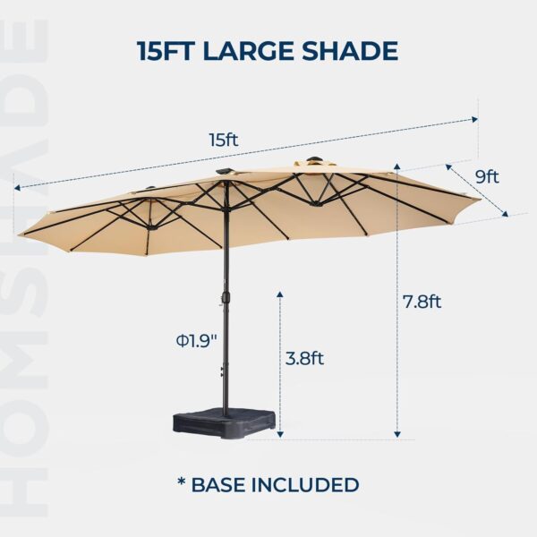 Double Sided Patio Umbrellas - 15ft Solar Lights LED Lighted Outdoor Extra Large Market Table Umbrella with Base Included, Oversized Umbrella for Deck, Pool, Backyard (Beige) - Image 88