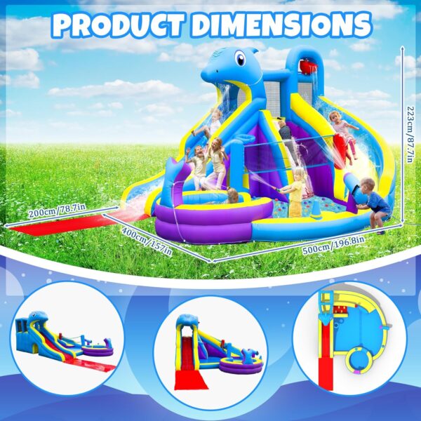 11-in-1 Inflatable Water Slide & Dolphin Bounce House w/2 Long Slides, 19.7 Ft x 13.1 Ft Extra Large Waterslide Climbing Wall w/Small Deeper Pool,Water Cannons,Hoop for Kids Backyard,550W Blower - Image 2