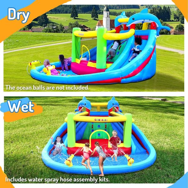 Inflatable Bounce House with Double Slide,Dolphin Styling,Splashing Pool,Double Water Cannon,Climbing Wall,Heavy Duty GFCI Blower,Inflatable Water Park Slide for Kids Backyard Summer - Image 3