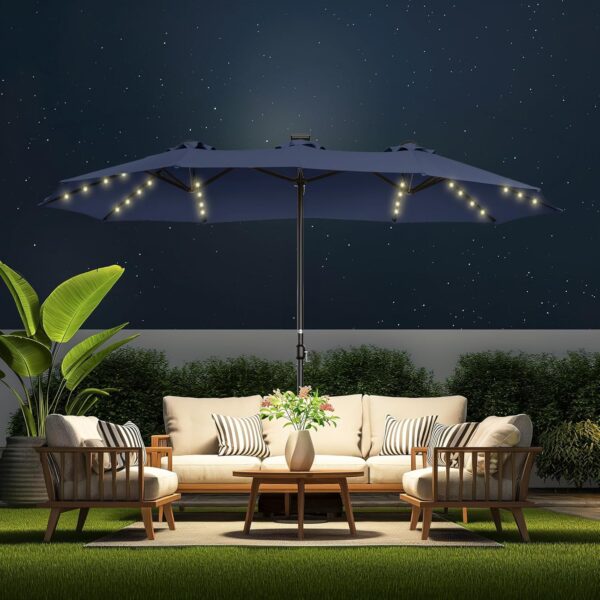 Double Sided Patio Umbrellas - 15ft Solar Lights LED Lighted Outdoor Extra Large Market Table Umbrella with Base Included, Oversized Umbrella for Deck, Pool, Backyard (Beige) - Image 9