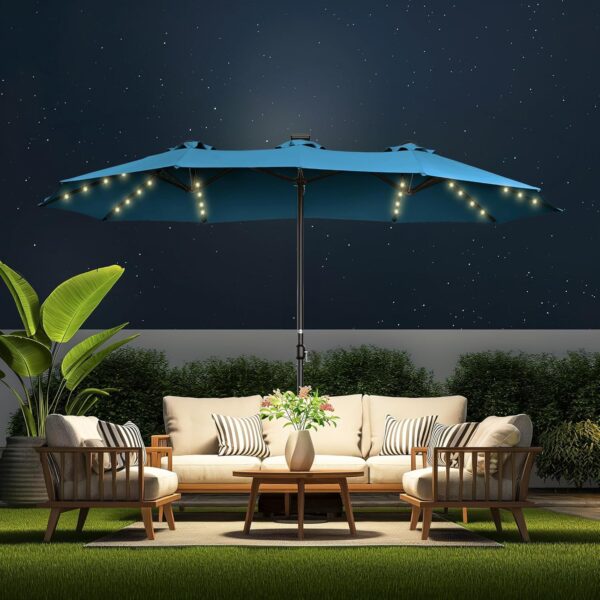 Double Sided Patio Umbrellas - 15ft Solar Lights LED Lighted Outdoor Extra Large Market Table Umbrella with Base Included, Oversized Umbrella for Deck, Pool, Backyard (Beige) - Image 117
