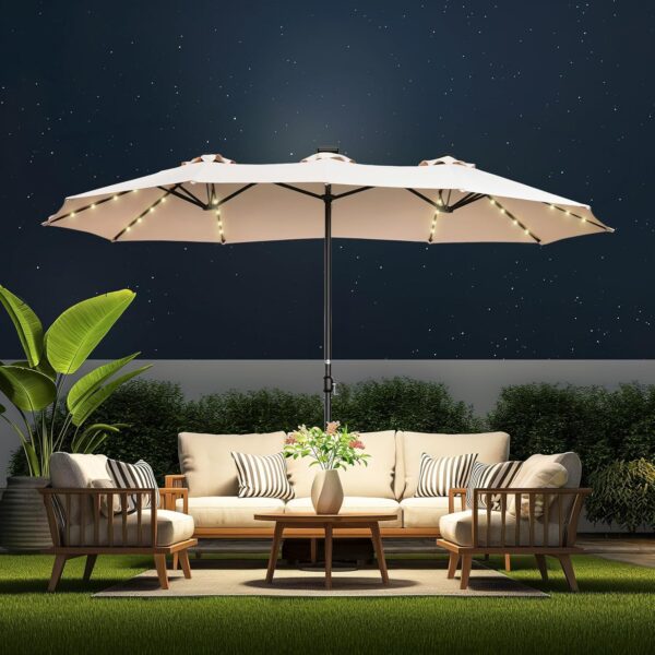 Double Sided Patio Umbrellas - 15ft Solar Lights LED Lighted Outdoor Extra Large Market Table Umbrella with Base Included, Oversized Umbrella for Deck, Pool, Backyard (Beige) - Image 121