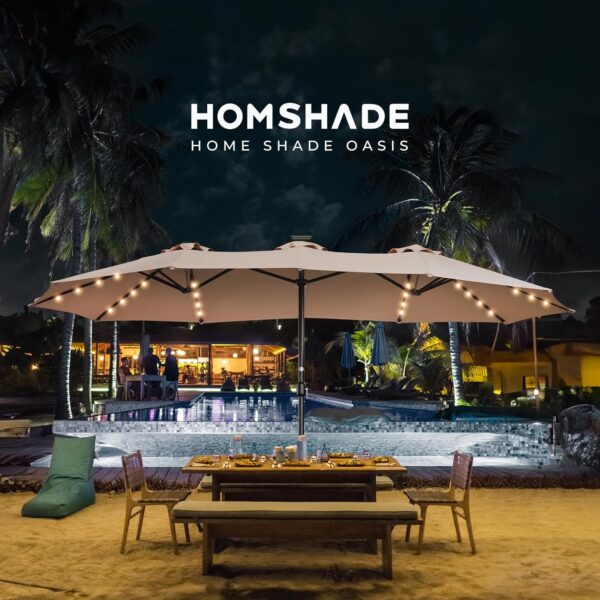 Double Sided Patio Umbrellas - 15ft Solar Lights LED Lighted Outdoor Extra Large Market Table Umbrella with Base Included, Oversized Umbrella for Deck, Pool, Backyard (Beige) - Image 59