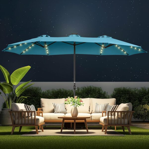 Double Sided Patio Umbrellas - 15ft Solar Lights LED Lighted Outdoor Extra Large Market Table Umbrella with Base Included, Oversized Umbrella for Deck, Pool, Backyard (Beige) - Image 109