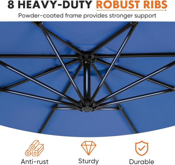 9.8FT Offset Patio Umbrella Hanging Cantilever Umbrella Outdoor Sun Shade with Easy Tilt Adjustment, 8 Ribs, UV Protection for Backyard, Lawn, Garden and Pool, Blue - Image 22