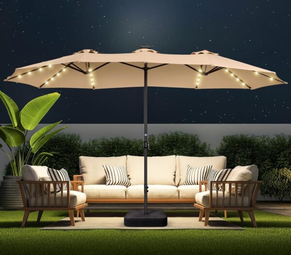 Double Sided Patio Umbrellas - 15ft Solar Lights LED Lighted Outdoor Extra Large Market Table Umbrella with Base Included, Oversized Umbrella for Deck, Pool, Backyard (Beige) - Image 107