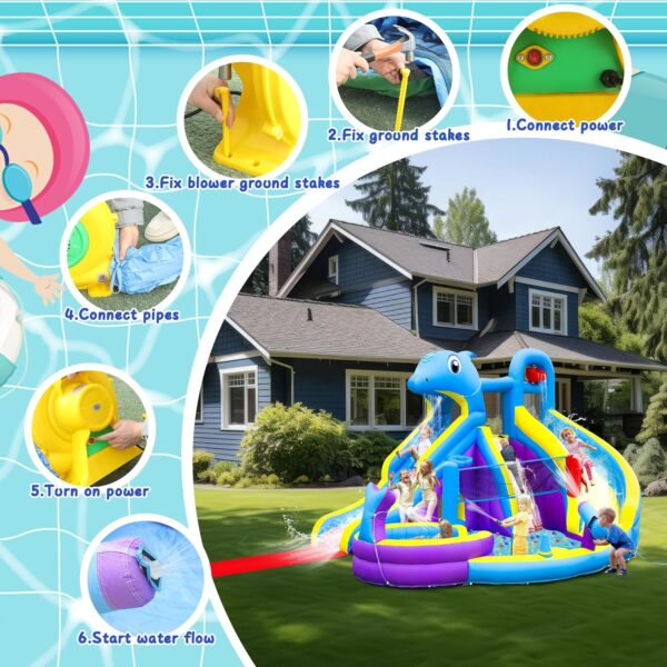 11-in-1 Inflatable Water Slide & Dolphin Bounce House w/2 Long Slides, 19.7 Ft x 13.1 Ft Extra Large Waterslide Climbing Wall w/Small Deeper Pool,Water Cannons,Hoop for Kids Backyard,550W Blower - Image 6