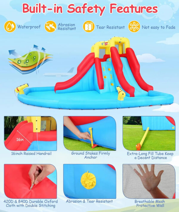 Inflatable Water Slides for Kids 8-in-1 Bounce House Water Park with 450W Blower Climbing Wall, Splash Pool, 2 Water Cannons, Basketball Hoop, Water Slide, Crocodile Sprinkler for Gift Backyard Party - Image 21