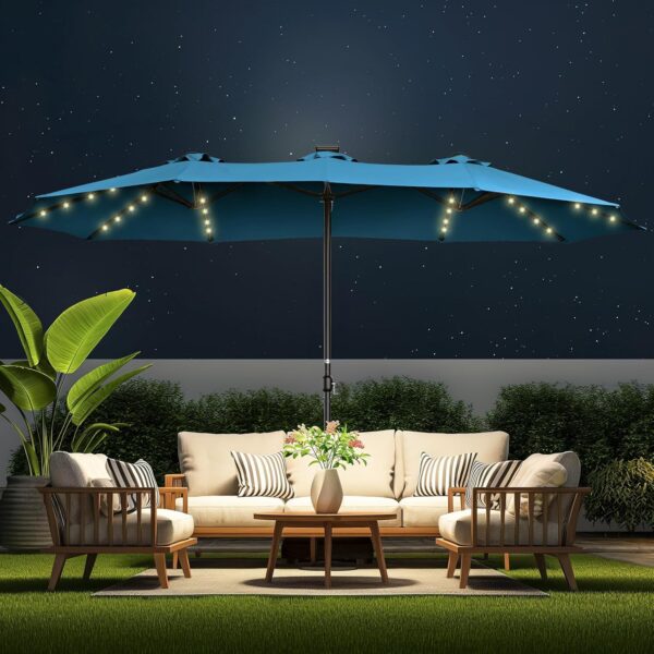 Double Sided Patio Umbrellas - 15ft Solar Lights LED Lighted Outdoor Extra Large Market Table Umbrella with Base Included, Oversized Umbrella for Deck, Pool, Backyard (Beige) - Image 103