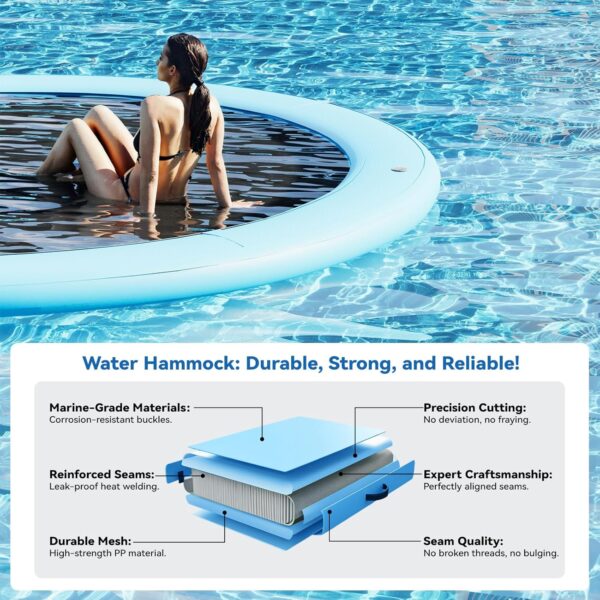 Round Inflatable Floating Dock, Sunchill Float Ring, Hammock Tanning Pool with 4in Woven Fabric, Manual Pump for 1-2 Min Quick Inflate/Deflate, Fits 2-8, Ideal for Lakes, Pools, Oceans - Image 87