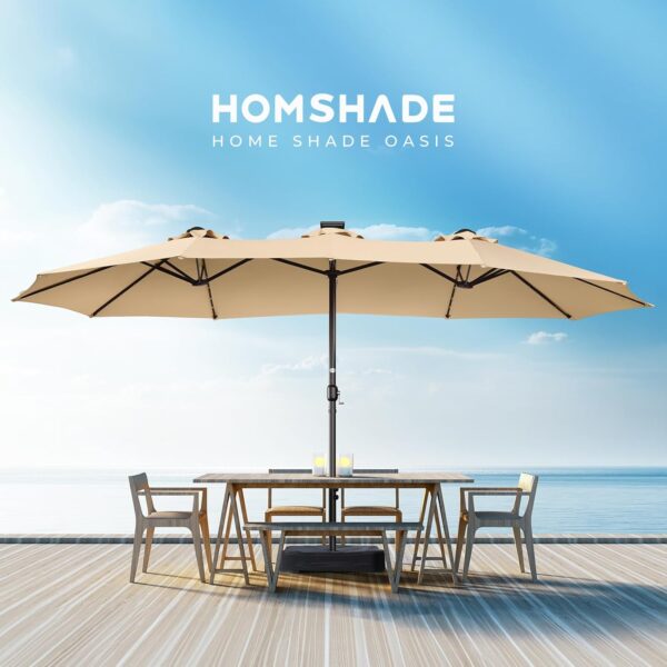 Double Sided Patio Umbrellas - 15ft Solar Lights LED Lighted Outdoor Extra Large Market Table Umbrella with Base Included, Oversized Umbrella for Deck, Pool, Backyard (Beige) - Image 90