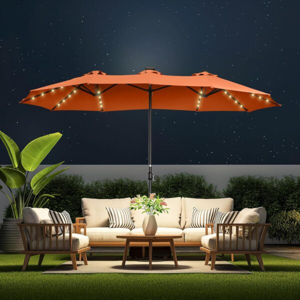 Double Sided Patio Umbrellas - 15ft Solar Lights LED Lighted Outdoor Extra Large Market Table Umbrella with Base Included, Oversized Umbrella for Deck, Pool, Backyard (Beige) - Image 5