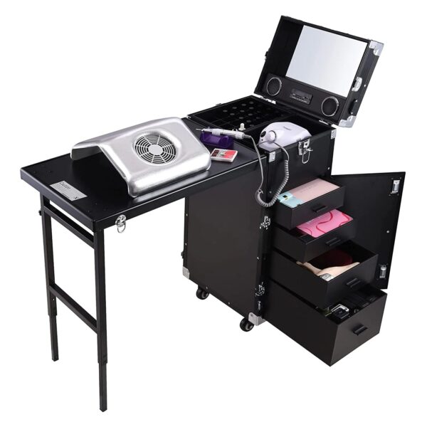 Nail Desk Mobile Station Rolling Makeup Train Case Trolley Cosmetic Manicure Table Mirror 4 Drawers Pink - Image 15