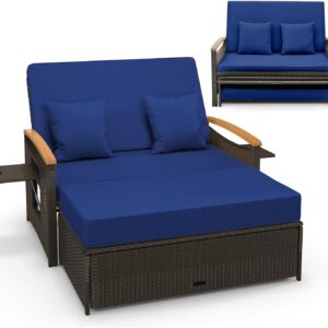 Outdoor Wicker Daybed, Patio Rattan Loveseat Sofa w/ 4-Level Adjustable Backrest, Folding Panels, Storage Ottoman & Cushions, Lounge Furniture Set for Poolside Backyard Porch (Beige)