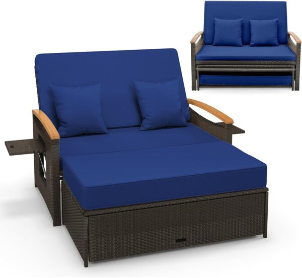 Outdoor Wicker Daybed, Patio Rattan Loveseat Sofa w/ 4-Level Adjustable Backrest, Folding Panels, Storage Ottoman & Cushions, Lounge Furniture Set for Poolside Backyard Porch (Beige)