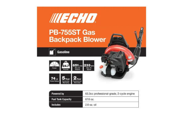 233 MPH 651 CFM 63.3cc Gas 2-Stroke Cycle Backpack Leaf Blower with Tube Throttle - Image 3