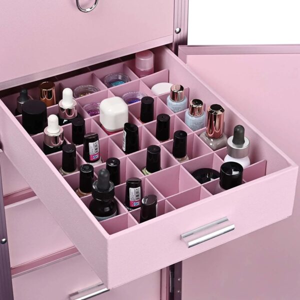 Nail Desk Mobile Station Rolling Makeup Train Case Trolley Cosmetic Manicure Table Mirror 4 Drawers Pink - Image 9