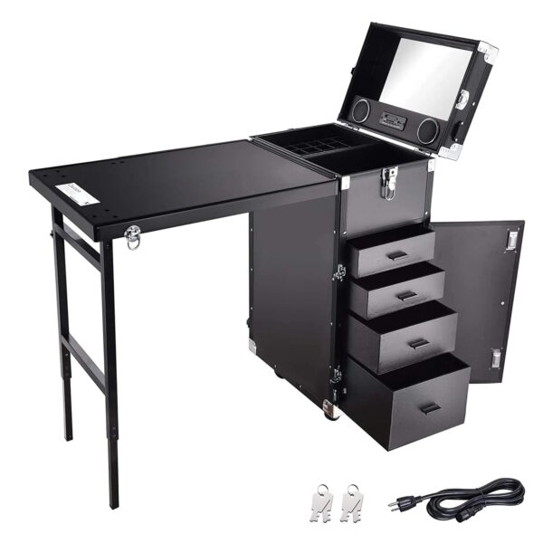 Nail Desk Mobile Station Rolling Makeup Train Case Trolley Cosmetic Manicure Table Mirror 4 Drawers Pink - Image 2