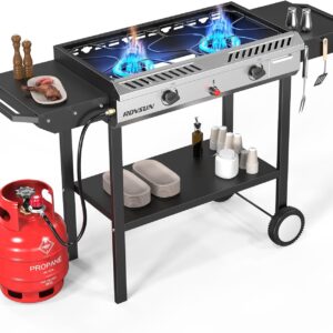 2 Burner Outdoor Propane Gas Stove with Griddle, Auto-ignition, Regulator & Side Shelves, 150,000 BTU Powerful Stand Cooker for Backyard Cooking Home Brewing Canning Frying Grilling