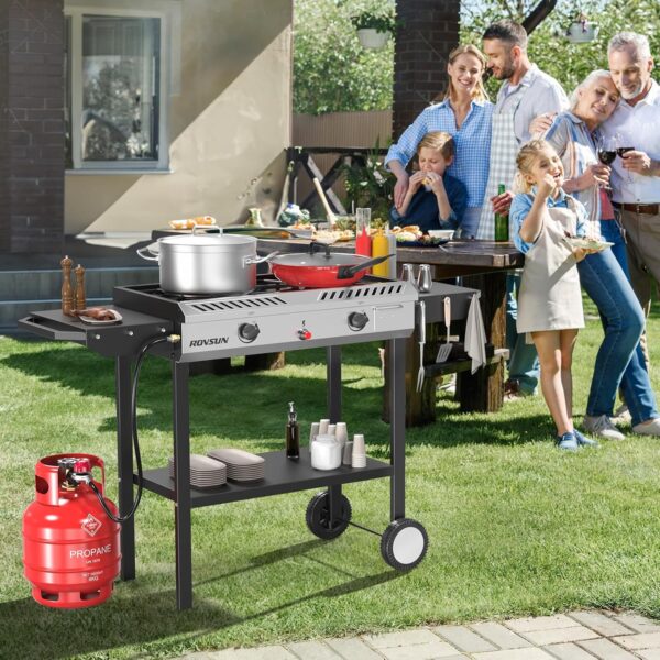 2 Burner Outdoor Propane Gas Stove with Griddle, Auto-ignition, Regulator & Side Shelves, 150,000 BTU Powerful Stand Cooker for Backyard Cooking Home Brewing Canning Frying Grilling - Image 3