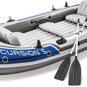 Inflatable Boat Series: Includes Deluxe 54in Boat Oars and High-Output Pump – SuperTough PVC – Adjustable Seats with Backrest – Fishing Rod Holders – Welded Oar Locks